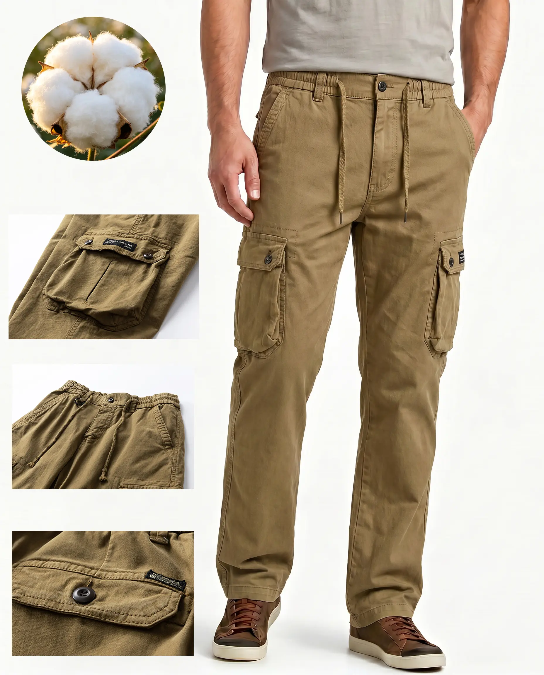 Clean Gent washed vintage straight cargo pants, 100% cotton for comfort with a classic fit, stretchy and durable long pants suitable for outdoor activities and everyday commuting, ideal for all seasons.