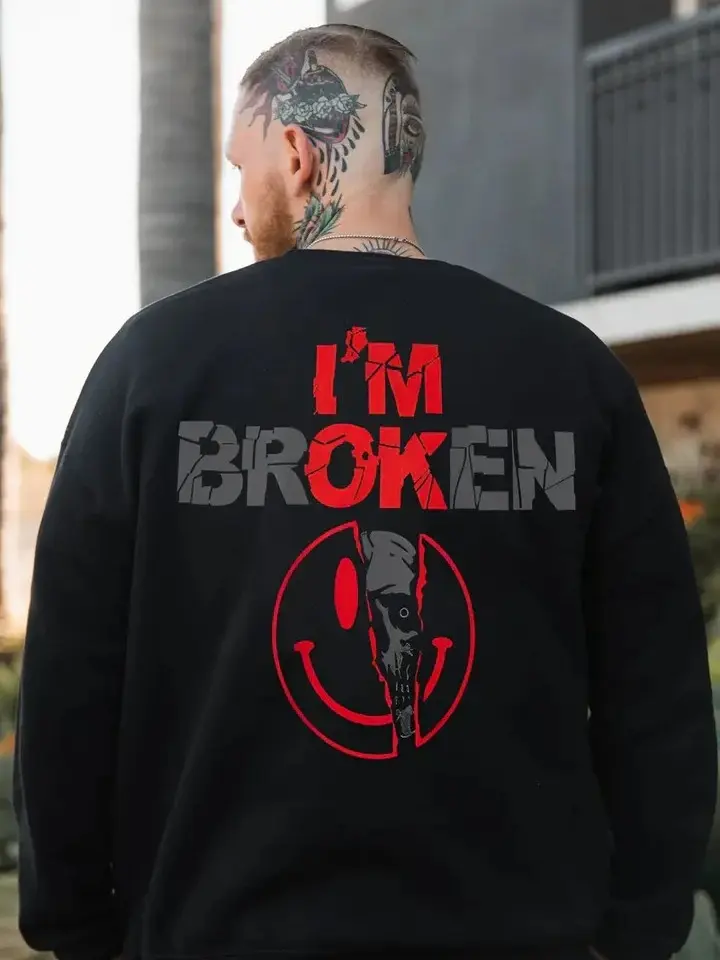 I’m Broken Graphic Sweatshirt, Dark Gothic Smile Design, Unisex Streetwear