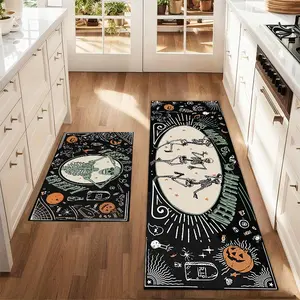 2Pcs Halloween Skeleton Horror Pumpkin Floor mat set for farmhouse kitchen Rug restaurant floor laundry room decor carpet mat