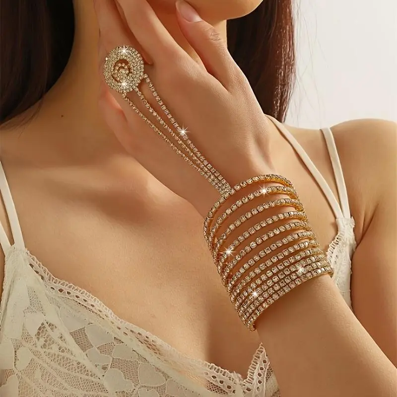 Women's Multi-Layer Rhinestone Finger Bracelet Set - Full Elastic Titanium Alloy Jewelry with Rhinestone Ring & Bangle, Ideal for Bridal Accessories, Engagement Rings & Parties