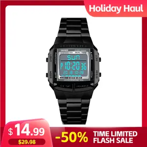 SKMEI Fashion Retro Digital Watch Multi functional Square 3ATM Waterproof Night Light Fashion Multi functional Electronic Watch for Men and Students with Time Calendar Alarm Clock Timing Function