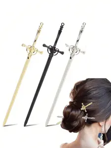 3pcs Simple Chinese Style Metal Sword Hair Pins, High-End Back Headband Hair Clips, Suitable for Daily Use and Parties