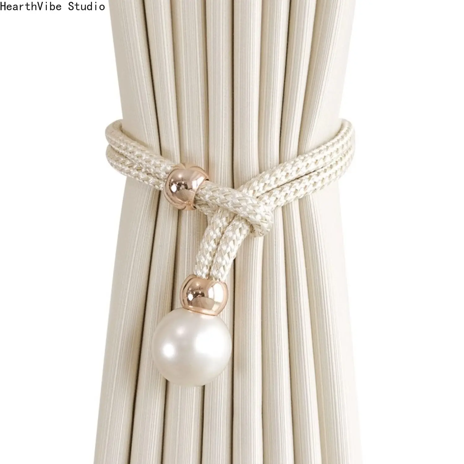 2pcs Adjustable No-Punch Rope Curtain Tiebacks with Pearl Accents, Decorative Tieback Fixings for Hammock Room Decor & Camping Decorations