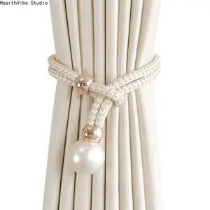 2pcs Pearl Curtain Tiebacks, Curtain Pearl Tiebacks, Decorative Fixings, Rope Curtain Tiebacks No Punch Adjustable Pull-outs