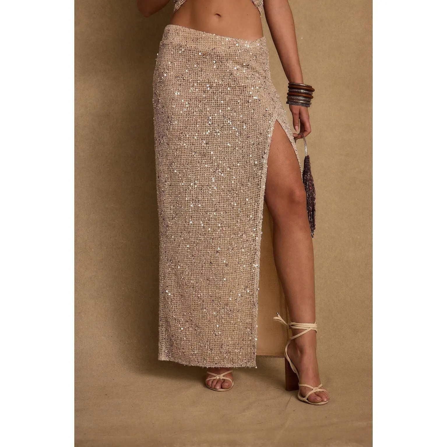 Ibiza Champagne Sequin Maxi Skirt