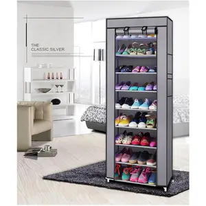 Vertical Narrow Shoe Rack Storage Stand, Tall Shoe Rack for Closet Entry, 10-Layer Non-Woven Shoe Cover Rack, Can Hold 20-22 Pairs of Shoes, Freestanding with Dust Cover, Gray
