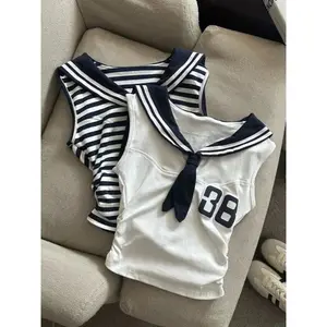 Preppy Style Sleeveless Vest Sailor Collar Patchwork Contrast Color Pleated Crop Tops Y2k Spicy Girl Camis Summer Women Clothing