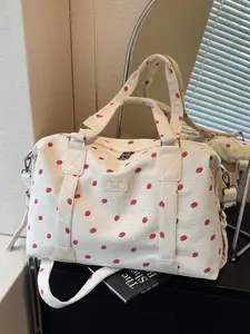26 Spring and Summer Cute Strawberry Print Corduroy Travel Bag, Travel Duffle Bag, Large Capacity Super Adorable Portable Luggage Bag for Travel, a Must-Have for Trips, Can Be Worn Shoulder or Crossbody, Waterproof Compartment, Can Be Hung on a Suitcase