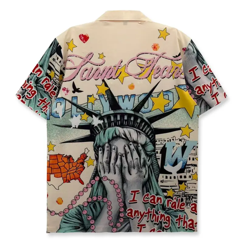 Graphic Printed Loose Short Sleeve Fitted Shirt, Fun Statue of Liberty and Inspirational Motivational Shirt, Casual Vacation Wear, Youth Fashion Top, Valentine's Gift, Beach Shirt, Hawaiian Clothing, Casual Beach Style
