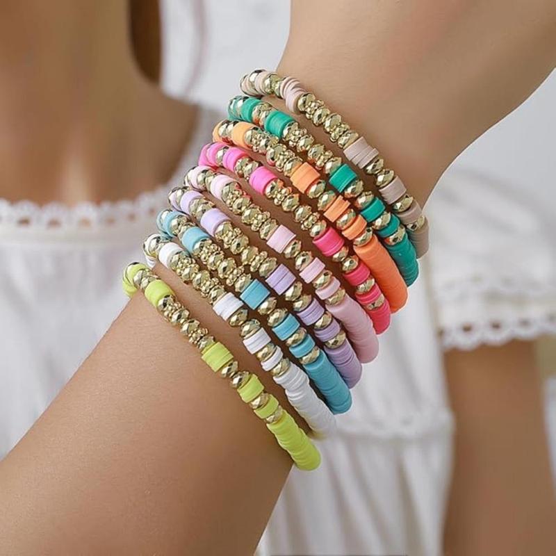 9 Pcs 7" Colorful Boho Stackable Bracelets, Surfer Heishi Clay Bead Stretch Preppy Fashion Accessories unique jewelry Suitable for Beach, Party, Vacation