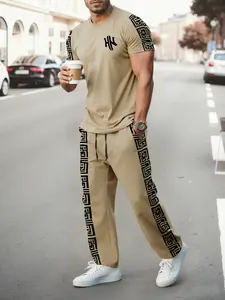 Men's Khaki NY Geometric Print 2 Piece Set, Casual Short Sleeve & Straight Leg Pants Outfit,  Greek Key Stripe Print T-Shirt & Joggers, Loose Sports Style Set, Perfect for Casual Daily & Outdoor Adventures