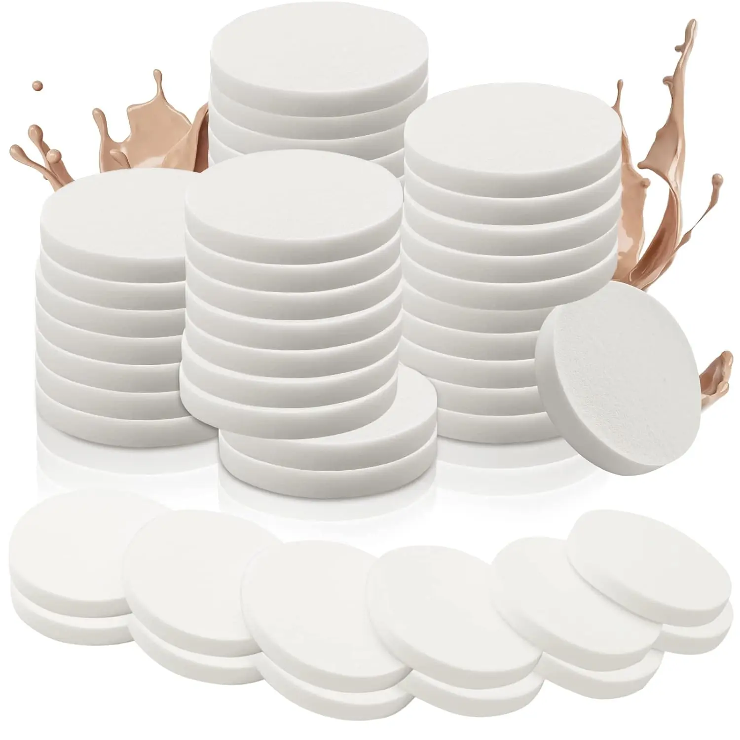 "48-Piece White Makeup Sponge Set: Round Foam Pads for Wet & Dry Use, Perfect for Foundation & Powder"