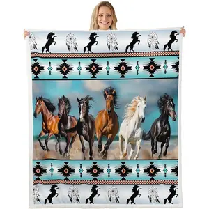 Aztec Tribal Horse Print Fleece Throw Blanket African Ethnic Arrow Dream Catcher Sofa Decor