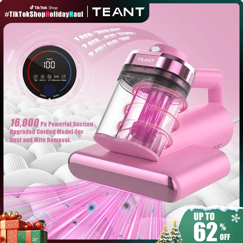 Teant Bed Vacuum Cleaner for Dust Mites Removal,Mattress Vacuum with LED Display & Aroma Tablet & UV-C Light & 149℉ Hot Air, 16Kpa Strong Suction Double-Cup Handhled Vacuum Cleaner With HEPA Filter for Bed,Couch,Sofa,Carpet,Cleaning Machine