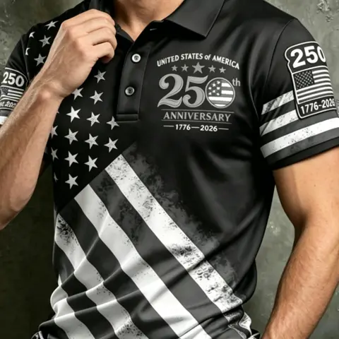 Men's 250th Anniversary American Flag Graphic Shirt, Festive USA Flag Stars & Stripes Slim-Fit Short Sleeve Outdoor Golf Shirt, Casual Top, Graphic Polo Shirts