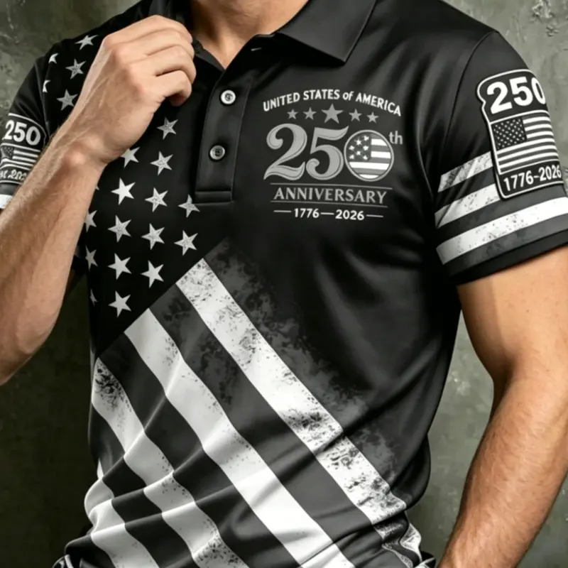 Men's 250th Anniversary American Flag Graphic Shirt, Festive USA Flag Stars & Stripes Slim-Fit Short Sleeve Outdoor Golf Shirt, Casual Top, Graphic Polo Shirts