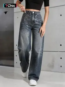 Women's New Trendy Rhinestone Glitter Straight Leg Jeans, Party Washed Denim Young Elastic Comfortable Long Pants, Casual Fitted H-Type, Streetwear, Womenswear