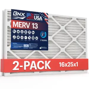 BNX TruFilter 16x25x1 Air Filter MERV 13 (2-Pack) - MADE IN USA - Electrostatic Pleated Air Conditioner HVAC AC Furnace Filters for Allergies, Pollen, Mold, Bacteria, Smoke, Allergen, MPR 1900 FPR 10