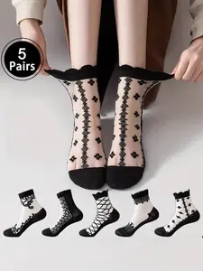 5 Pairs Women Sheer Mesh Lace Ankle Socks, Cute Pattern Ruffle Trim, Thin Breathable Short Socks, Comfortable and Stylish Footwear