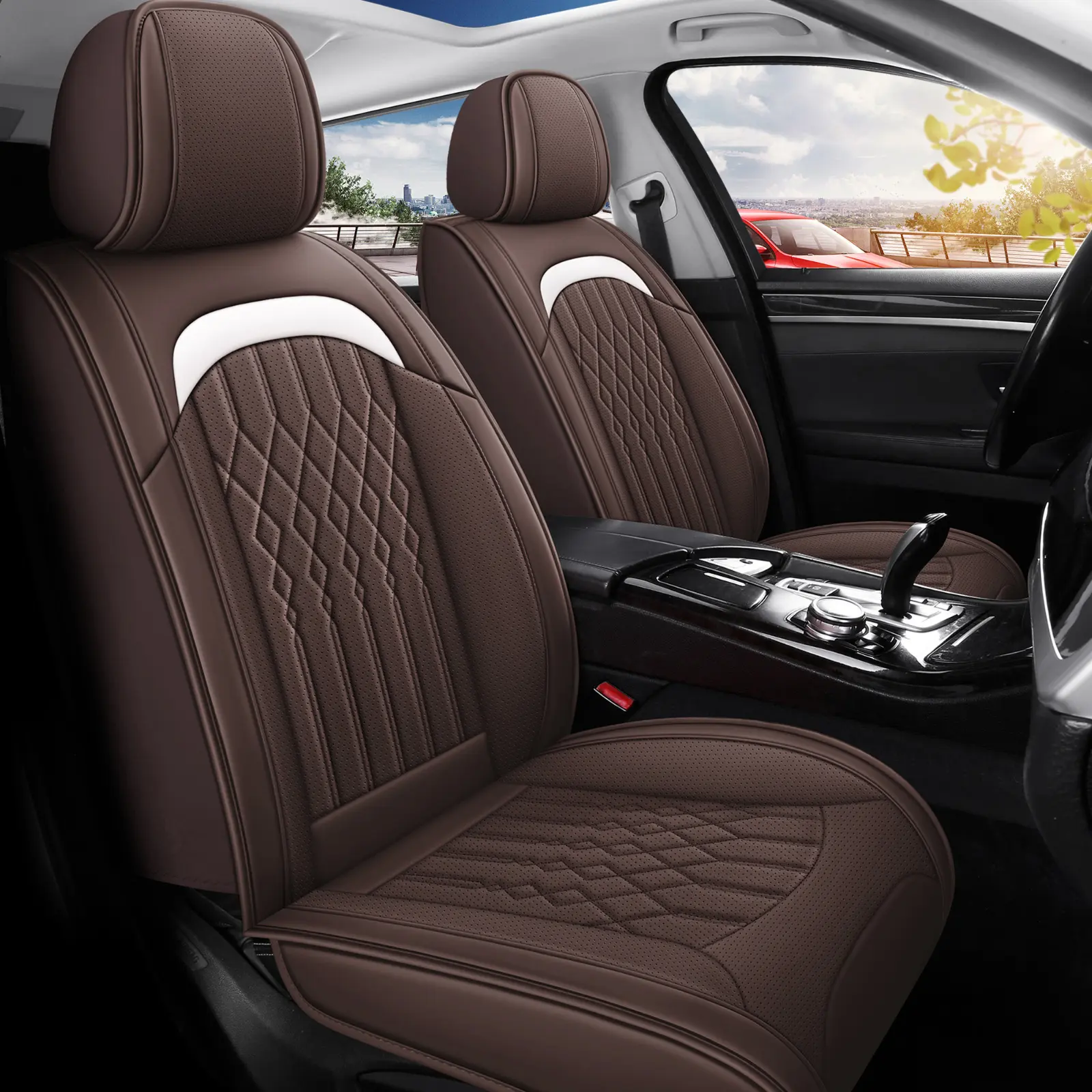OTOEZ Nappa Leather Waterproof Universal Car Seat Covers Full Set 5 Seats Breathable Wear Resistant with Storage Pockets Buckles Car Interior Kit