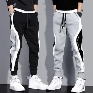 Mens Warm Loose Fit Joggers Tight leg guard pants, loose black gray patchwork sports pants, thin men's casual pants