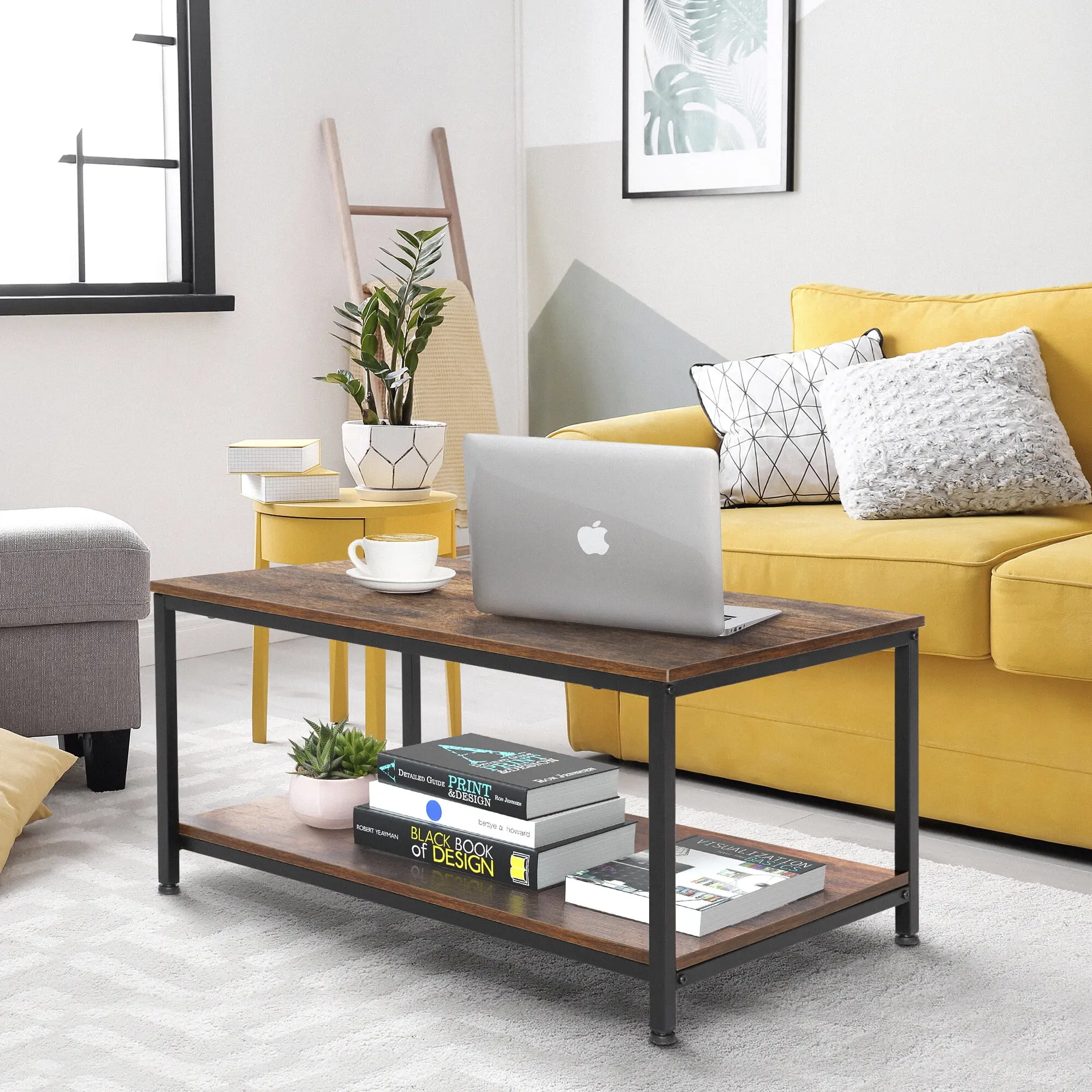 LEMY Rectangular Wood Coffee Table with Metal Frame, MDF Indoor Furniture, Rustic Brown Living Room Desk, Indoor Furniture Table, Rectangular Coffee Table