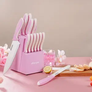 Kitchen Knife Set 15-Piece | Pink & White