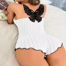 Women's Suspenders Lace Trim And Bow Design Pajamas Sleeveless V-Neck Pajamas Set Sleepwear Suit Sexy Solid Home Clothes Summer Womenswear