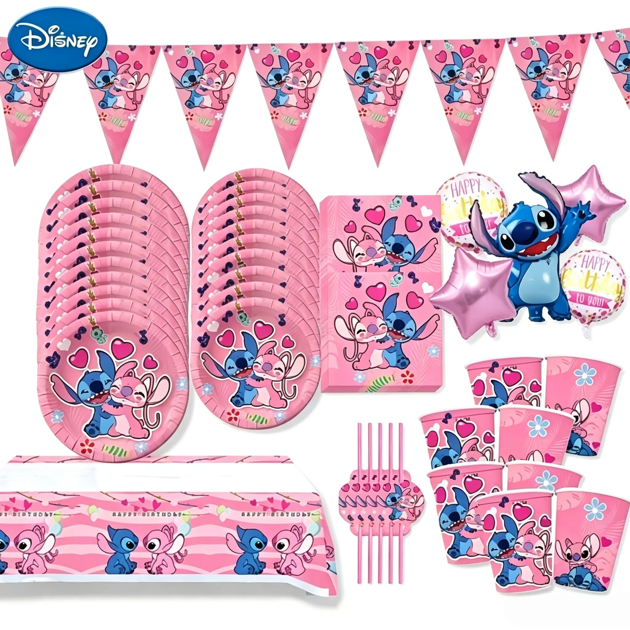 Disney Stitch & Angel Birthday Party Supplies, Complete Cartoon Themed Decor Kit For Party Setup & Table Decoration