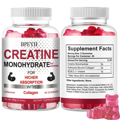 BPEYH Women's Creatine Monohydrate Collagen & BCAA Chewable Fitness Supplements - 60 Pieces Tasty Gummies, 24 Months Shelf Life, Highly Absorbent, Improves Absorption, Muscle Boost, Protein Support, Dietary Needs Aid