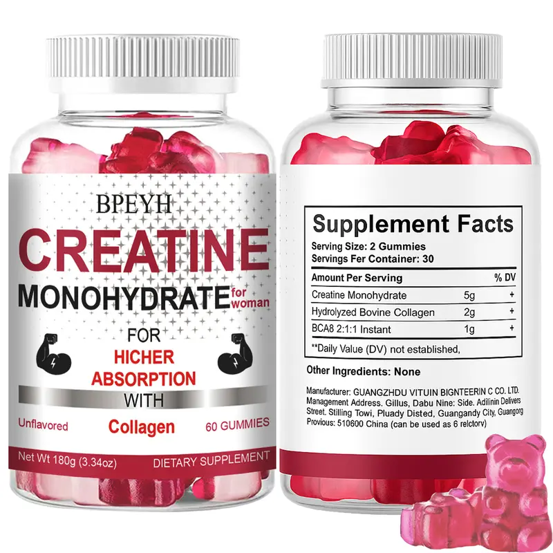 BPEYH Women's Creatine Monohydrate Collagen & BCAA Chewable Fitness Supplements - 60 Pieces Tasty Gummies, 24 Months Shelf Life, Highly Absorbent, Improves Absorption, Muscle Boost, Protein Support, Dietary Needs Aid