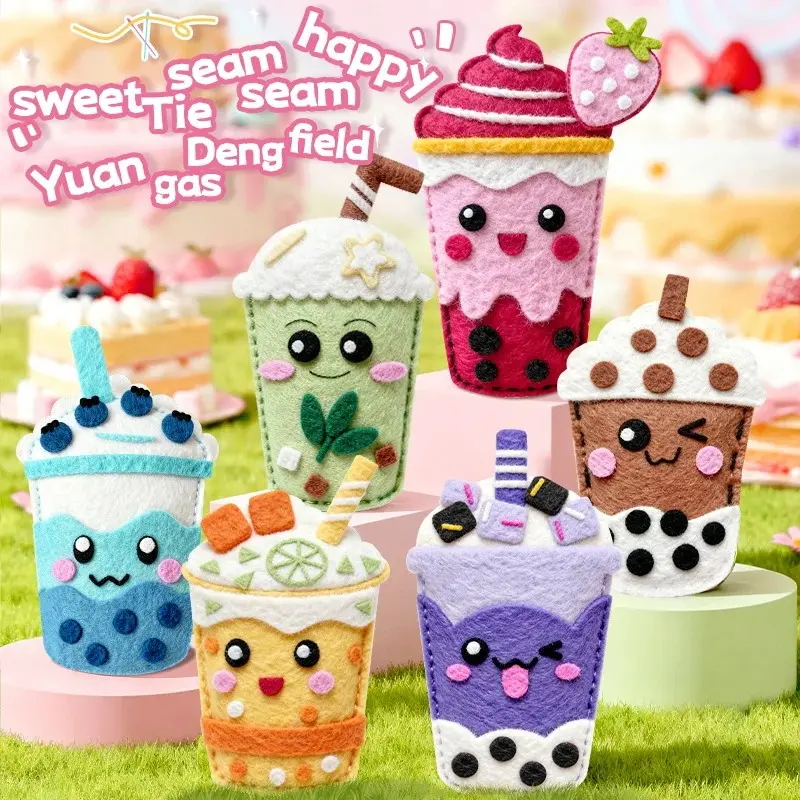 DIY Sewing Toys for Kids, Make Milk Tea Ocean Animal Plushie Craft Set Handmade Fabric with Holes and Threads Gifts