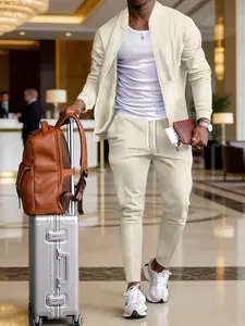 Men's Waffle Knit Tracksuit, Travel Casual Style, Drawstring Cuffed Pants, For Travel & Vacation Outfits