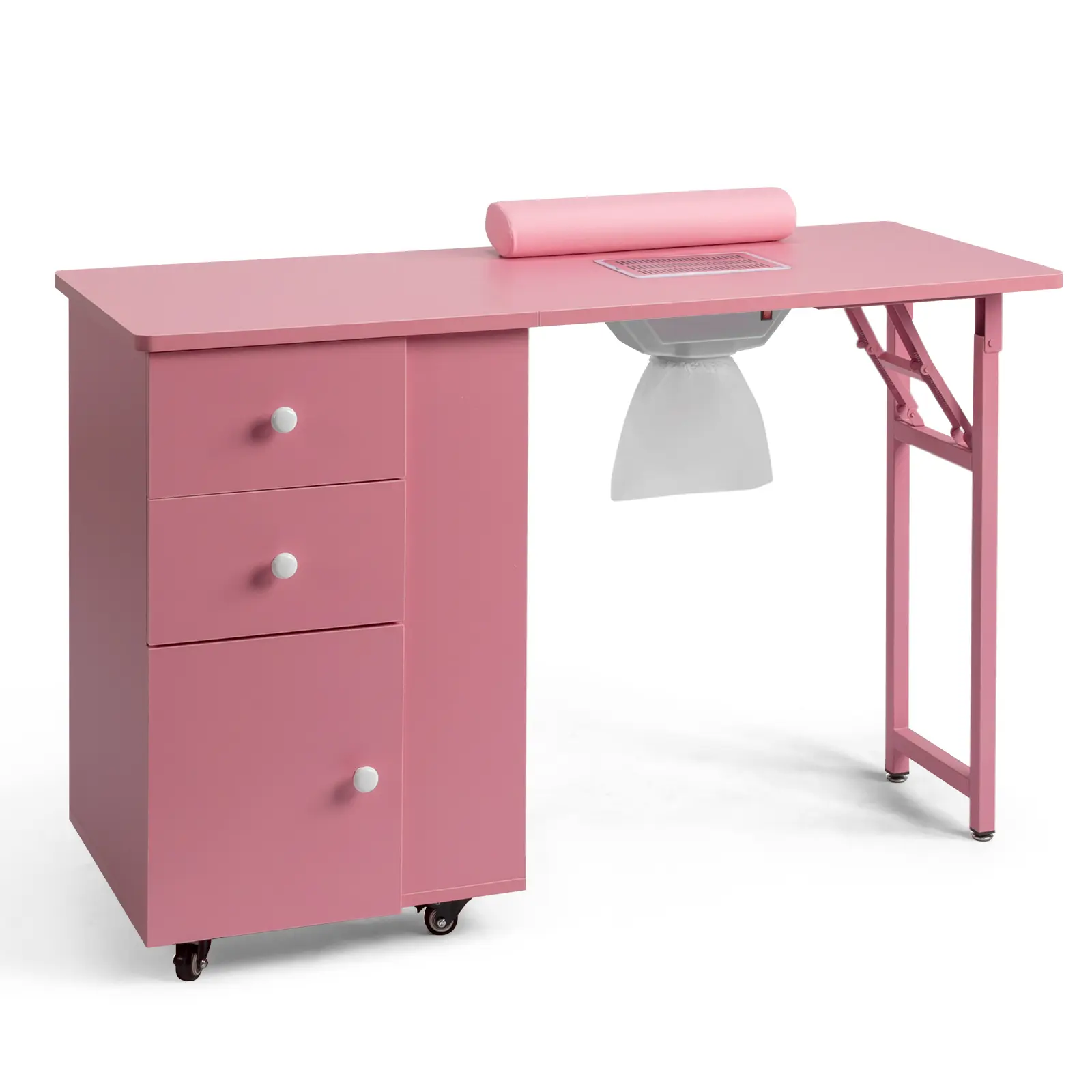 Modern Foldable Nail Tech Table - Pink MDF Sturdy Portable Workstation with Wheels, 2 Drawers, 1 Door Storage Cabinet, Requires Assembly - Commercial Salon Beauty Manicure Desk