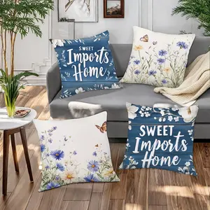 Floral & Butterfly Pattern Cushion Cover, 4 Counts/set Square Throw Pillow Cover, Household Decoration Supplies for Home Living Room Bedroom, Bedroom Decorative Accessories