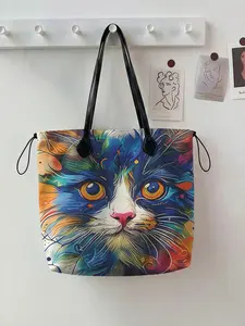 Cat Pattern 2D Printed Drawstring Tote Bag, Large Capacity Shopping Bag, Durable and Wear-Resistant, Ideal for Work, Shopping, Picnic