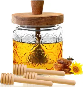 Glass Honey Dispenser No Drip with 3 Wooden Dippers, 18 Oz Oversize for Bottles and Tin