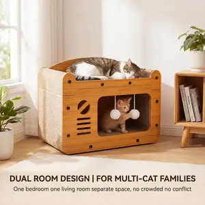 Multi-Functional Wooden Cat House: Bed, Scratcher & Toy Station All-in-One!