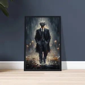 Thomas Shelby Walking in Rain Canvas Wall Art – Peaky Blinders Vintage Mafia Poster for Man Cave Decor