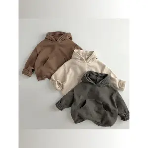 NewKorean Style Unisex Kids' Hooded Sweater, Retro Casual Solid Color Knitwear for Autumn and Winter, Halloween