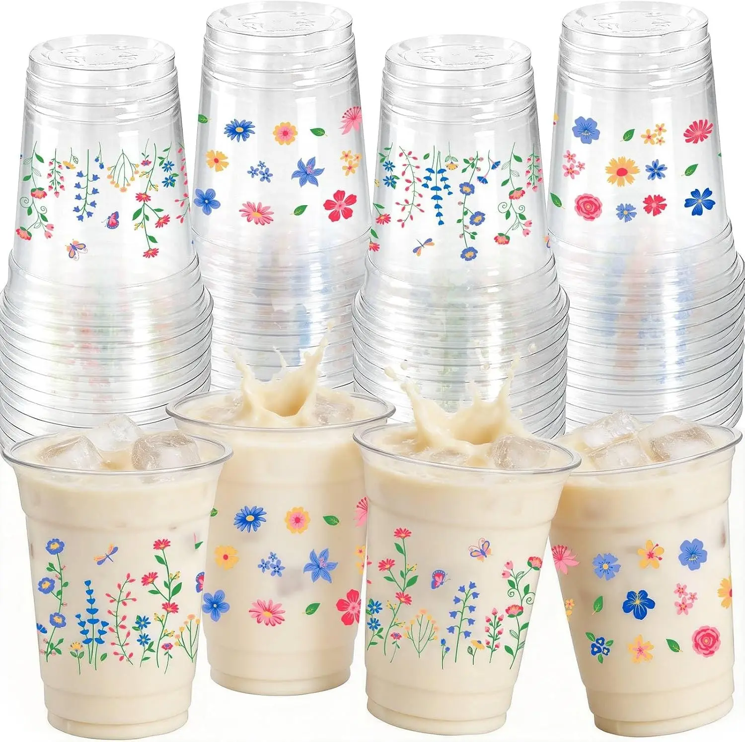 50pcs Wildflower Plastic Cups, 12 Oz Floral Clear Disposable Cups Bulk, Vintage Flower Plastic Drinking Cup for Spring Summer Party Favor Flower Birthday Wedding Party Supplies