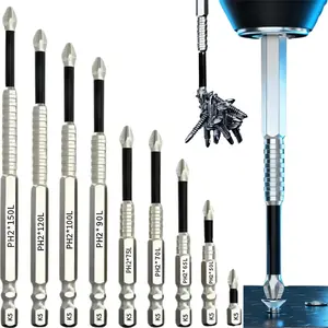9Pcs Magnetic Screwdriver Bits Set, 25/50/65/70/75/90/100/120/150mm Anti-Slip Phillips Screwdriver Bits, Alloy Steel Power Drill Bit Adapter for Hand Tools