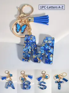 1 A-Y initials keychain, precious blue tassel butterfly, English letters keychain, crystal drip resin pendant, women's bag pendant, car pendant, women's girl gift, Bling Bling Keychains