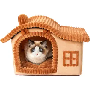 Panda House for Indoor Cats, Chimney-Shaped Cute Cat Bed Cave, Ample Internal Space, Cartoon Soft Pet House Suitable for 3-10 lbs Kittens, Brown
