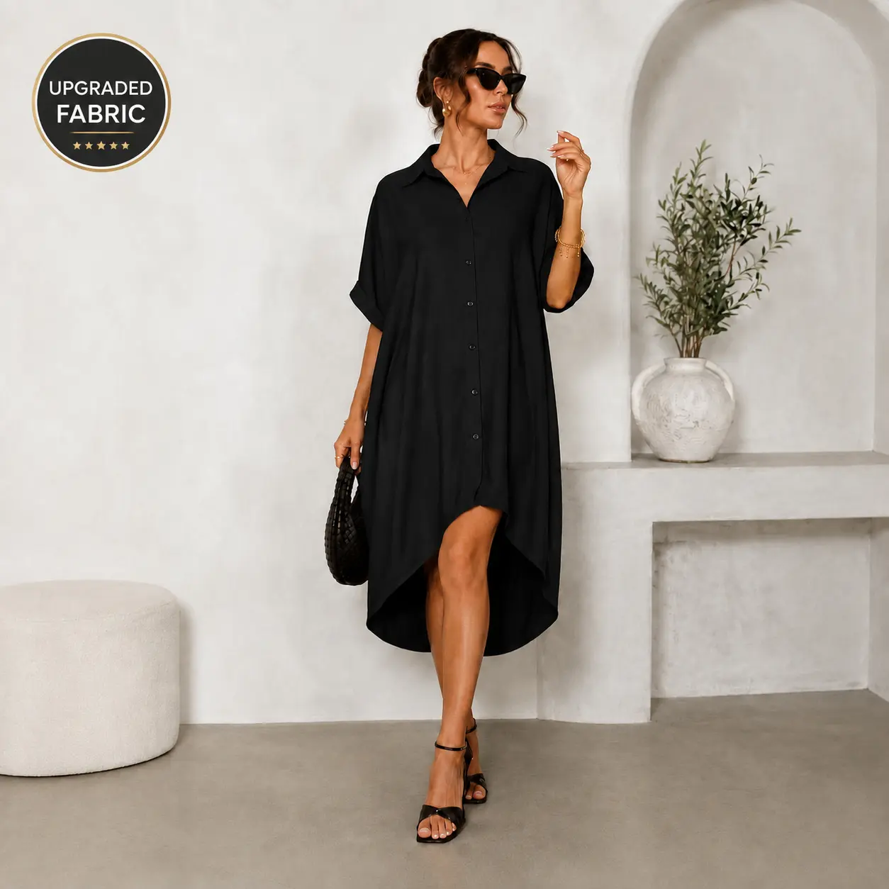 Elengatine Women Sexy Black Shirt Dress, Classic Turn Down Collar Button Up Dress, Short Sleeve Midi Dress with Curved Split Hem, Chic Baddie Aesthetic Streetwear, Casual Loose Flowy A Line Summer Sundress Elegant Polyester