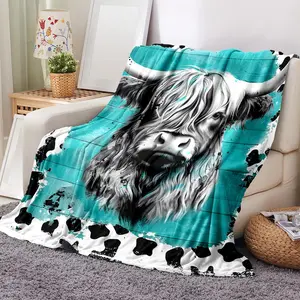 Cow Puzzle Pattern Flannel Blanket, Soft Warming Bedding Blanket with Storage Bag, Cozy Room Accessories Lightweight Flannel Throw, Summer Essentials, Halloween Decor, Fall Decor, Men Gifts