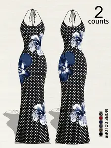 Women's Sexy Halter Neck A-Line Long Dress Set, Leopard Print Polka Dot Full Body Pattern, Slimming Design, Versatile Classic Style, Fashion, Summer