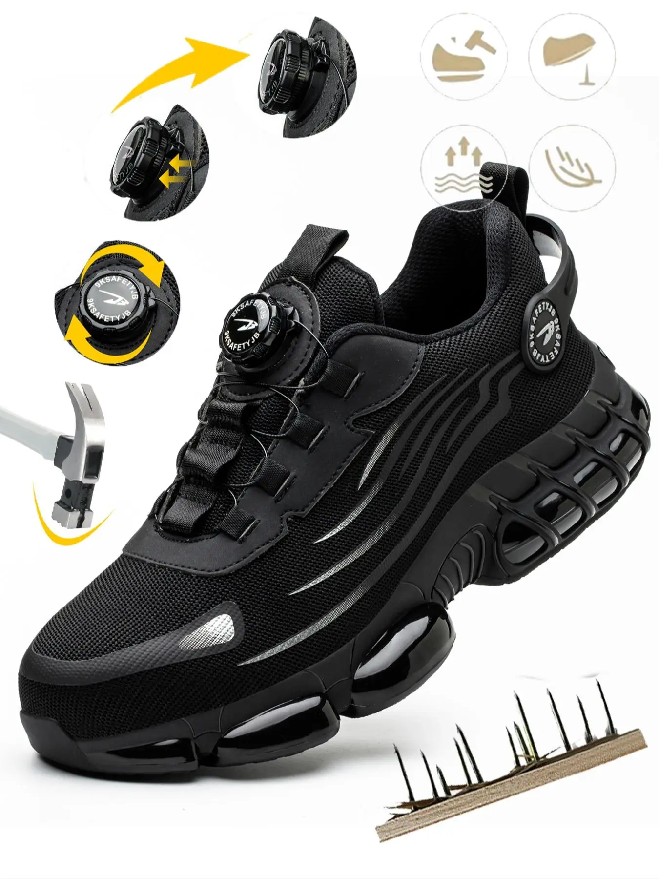 Men's Casual Lace Up Low Top Safety Shoes, Fashionable Breathable Comfortable Patched Rotating Automatic Buckle Design Work Shoes for Daily Wear, Perf