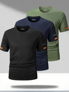 3 Pack Reflective Night Running Tshirts, Quick Dry Breathable Sports Tees, Gym Fitness HIIT Outdoor Training, Black Orange Contrast Striped Workout Gear for Athletes