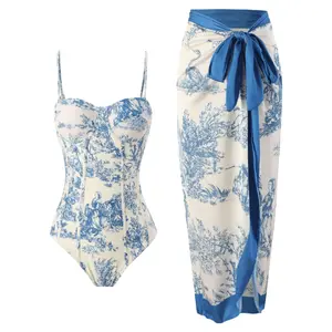 Women's Blue/Green/Red/Black Print One-Piece Swimsuit and Matching Cover Skirt Set Summer Swimdress Swimming  Bathing Suit Stylish Beachwear